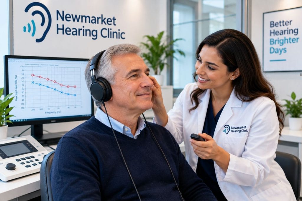 Audiologist conducting a hearing test for an adult at Newmarket Hearing Clinic