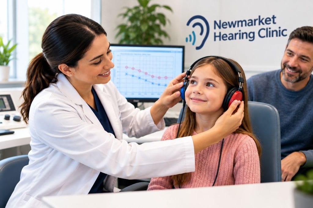 Audiologist conducting a hearing test for a child at Newmarket Hearing Clinic