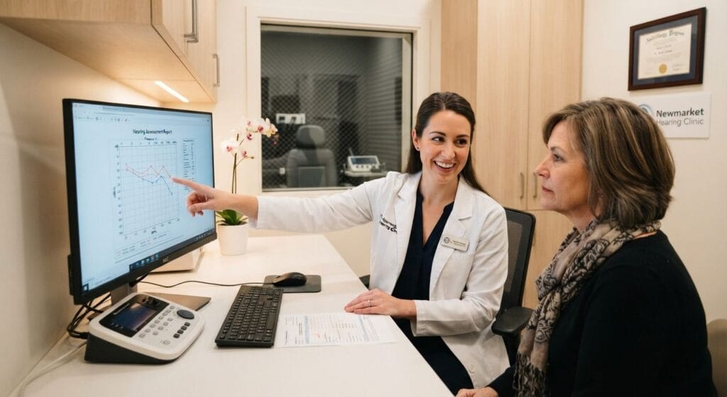 Doctor of Audiology conducting a comprehensive clinical hearing assessment