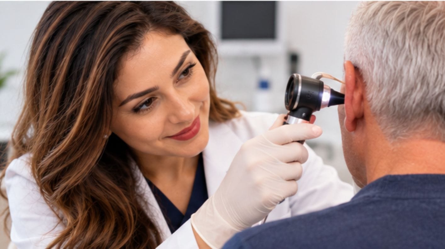 Earwax Removal Near Aurora | Newmarket Hearing Clinic Audiologist examining a patient's ear for earwax removal near Aurora