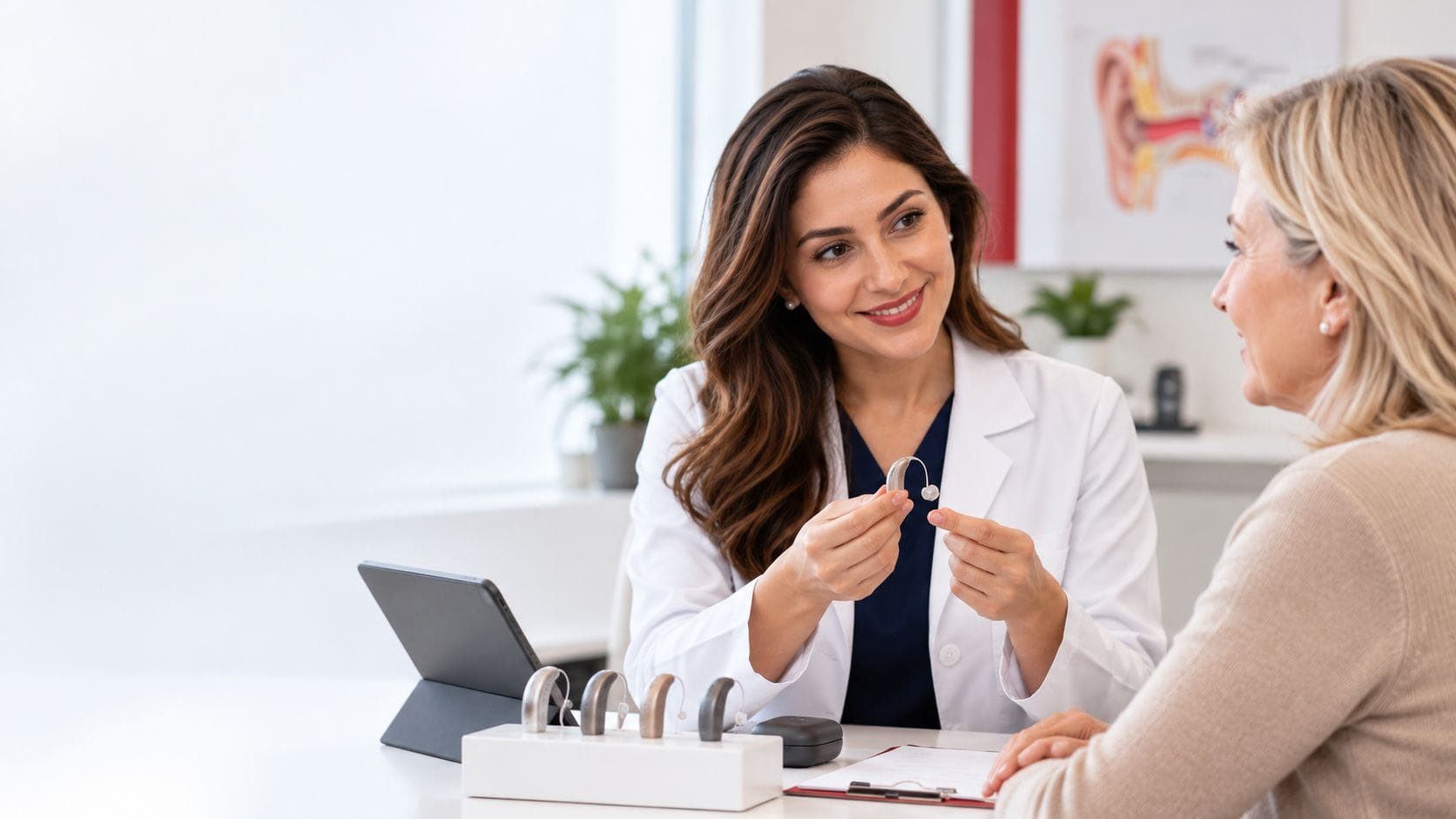 Hearing Aids for Aurora Patients | Newmarket Hearing Clinic Audiologist discussing hearing aids with a patient from Aurora