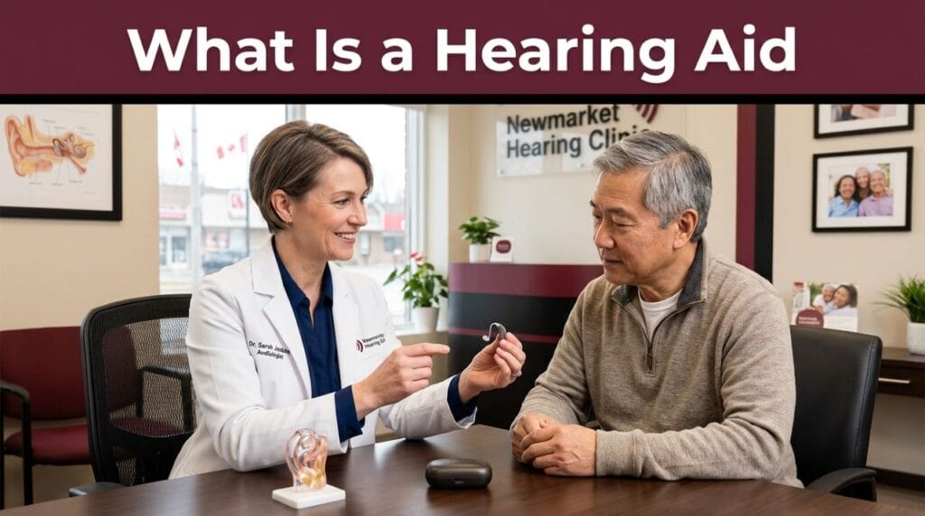 Doctor of Audiology explaining what a hearing aid is to a patient at Newmarket Hearing Clinic