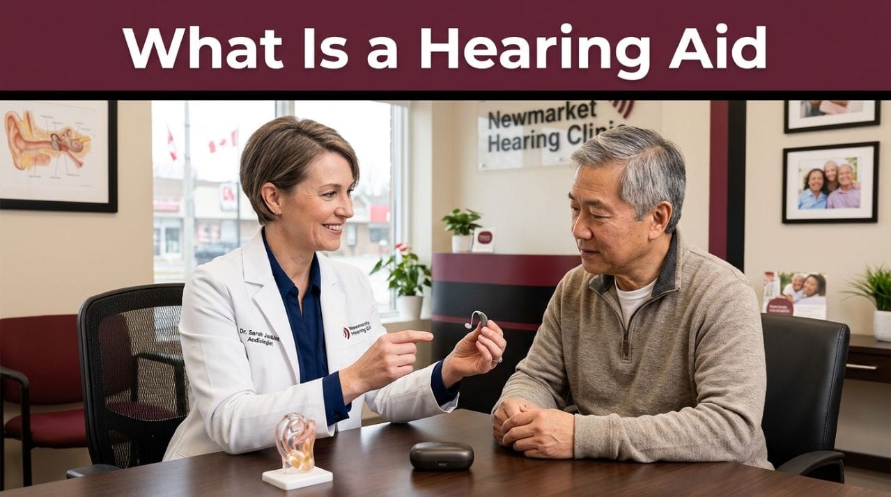 Doctor of Audiology explaining what a hearing aid is to a patient at Newmarket Hearing Clinic